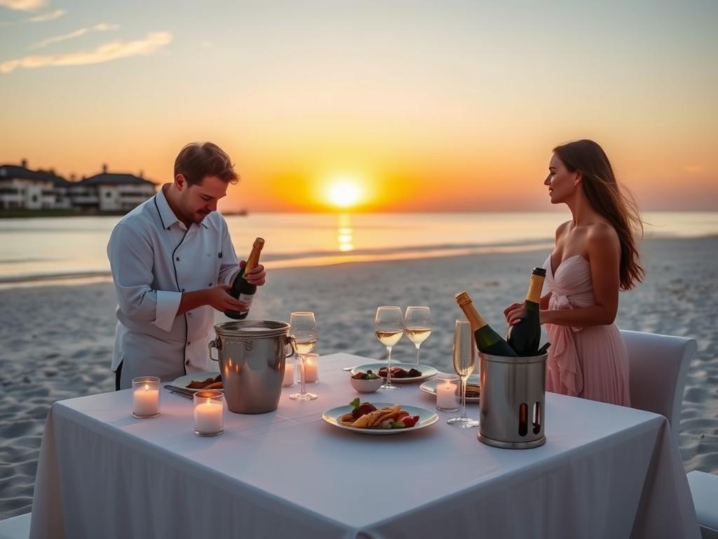 Couple enjoying private dining experience on a secluded beach at sunset
