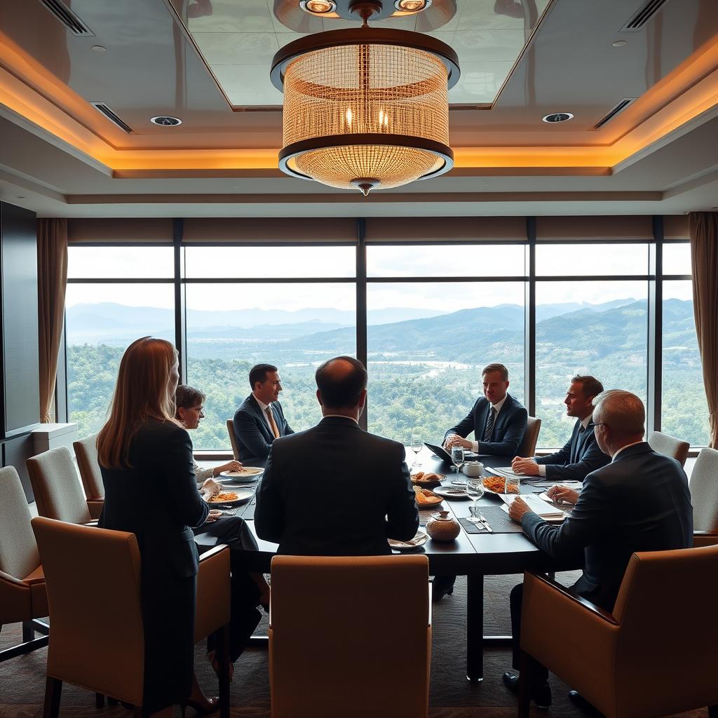 Executive business meeting in luxury resort setting