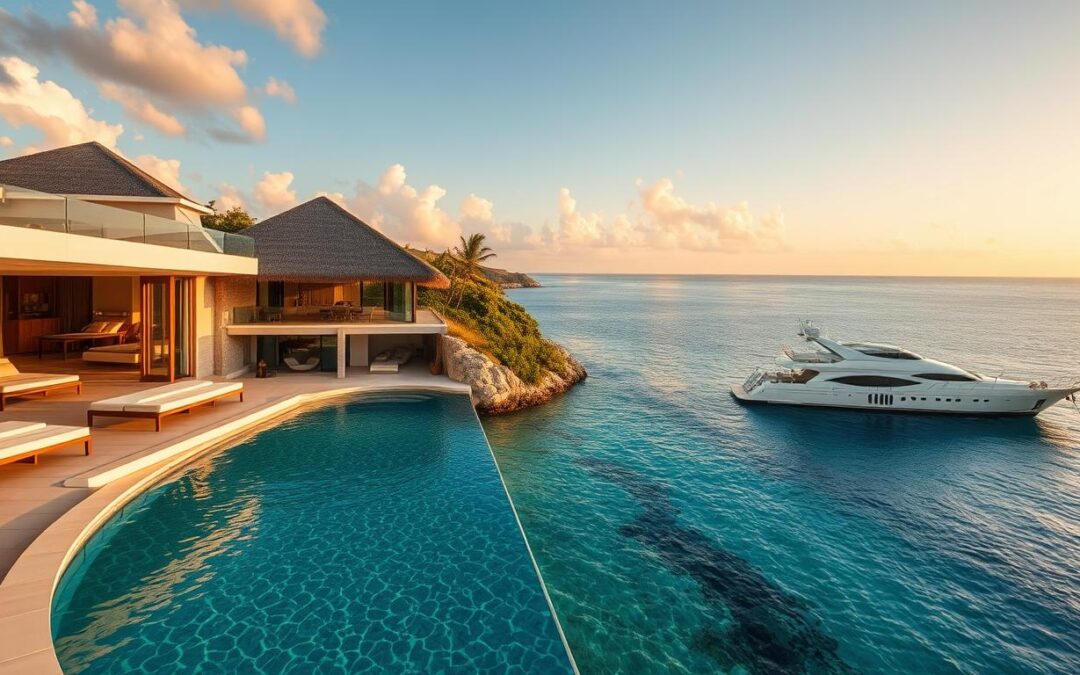 Luxury private villa overlooking crystal clear waters with a yacht in the distance