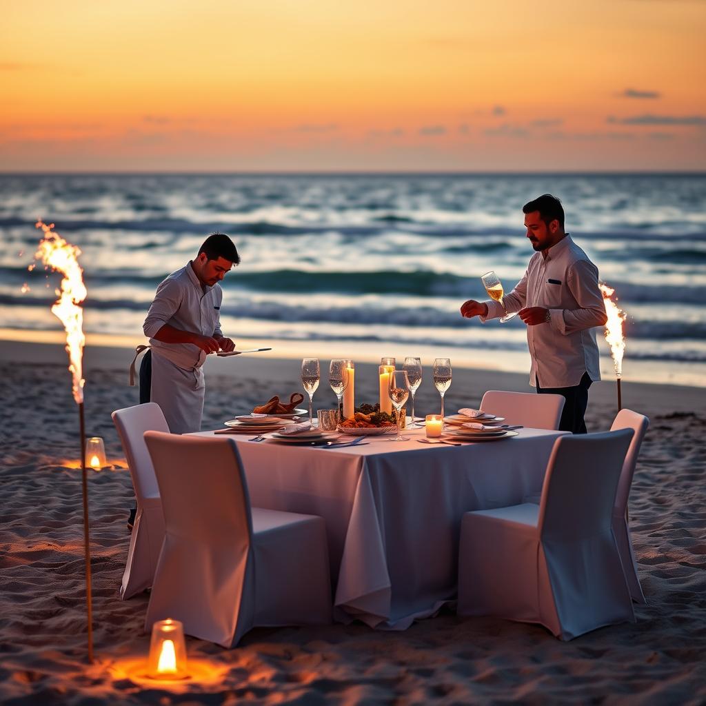 Private beach dinner setup with personal chef and butler