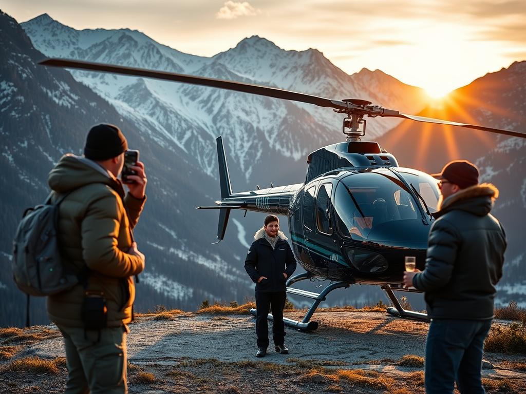 Private helicopter landing at a remote luxury mountain lodge